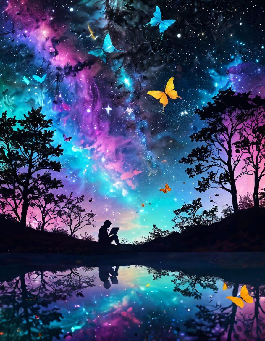 A mystical digital diary floating in a cosmic space filled with vibrant swirling colors and ethereal lights, showcasing thoughts transforming into colorful butterflies and whispers. In the background, a serene landscape represents anonymity, with silhouettes of trees and stars combining nature and digital realms. The diary's pages are semi-transparent, giving a glimpse of handwritten thoughts. surrealism. vibrant colors. cosmic theme.