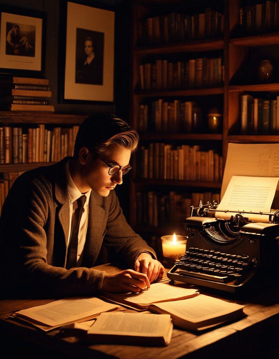 A shadowy figure sitting at a vintage wooden desk, typing on an old-fashioned typewriter, surrounded by stacks of books and flickering candles. A large, empty frame hangs on the wall behind, symbolizing anonymity, while a digital diary page glows softly on the desk. Mysterious and introspective atmosphere. moody lighting. super-realistic. vibrant colors.