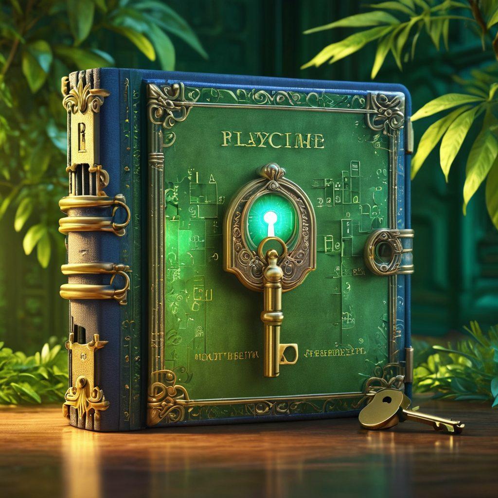A mysterious key unlocking an ornate diary surrounded by glowing digital padlocks, symbolizing secure and discreet blogging. Soft shadows and subtle light rays create an ethereal atmosphere, with hints of binary code in the background to represent the digital world. Enveloping the scene, lush green plants suggest privacy and a safe haven for thoughts. super-realistic. vibrant colors. dreamy background.